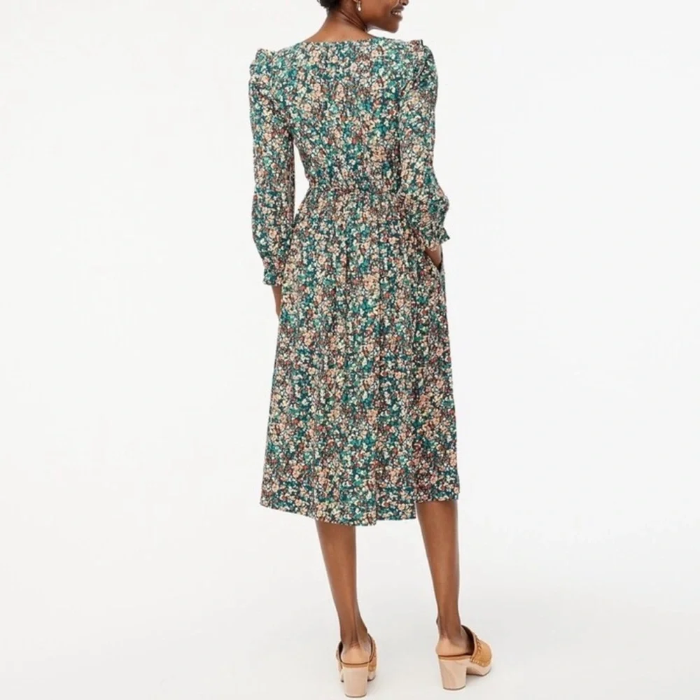 J. Crew V-Neck Smocked Green Floral Midi Dress - Picture 2 of 11